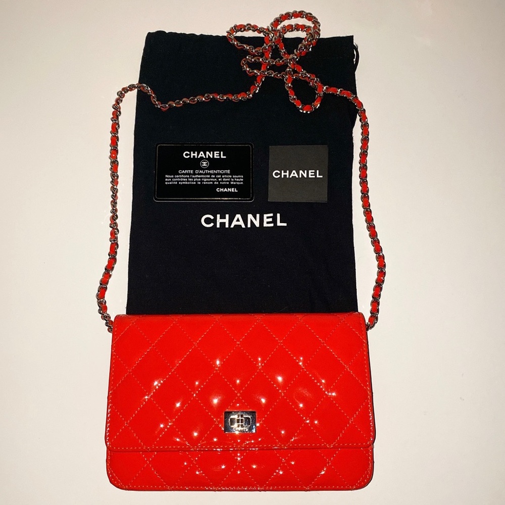 CHANEL Coral Red & Silver Patent Leather Reissue Wallet On Chain WOC